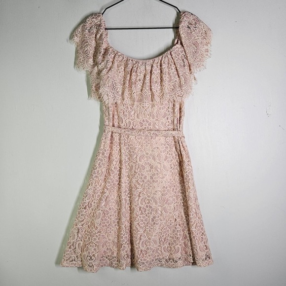 Julia Jordan Off The Shoulder Lace Dress 8 Pale Pink Stretch Belted Cocktail - Picture 9 of 12